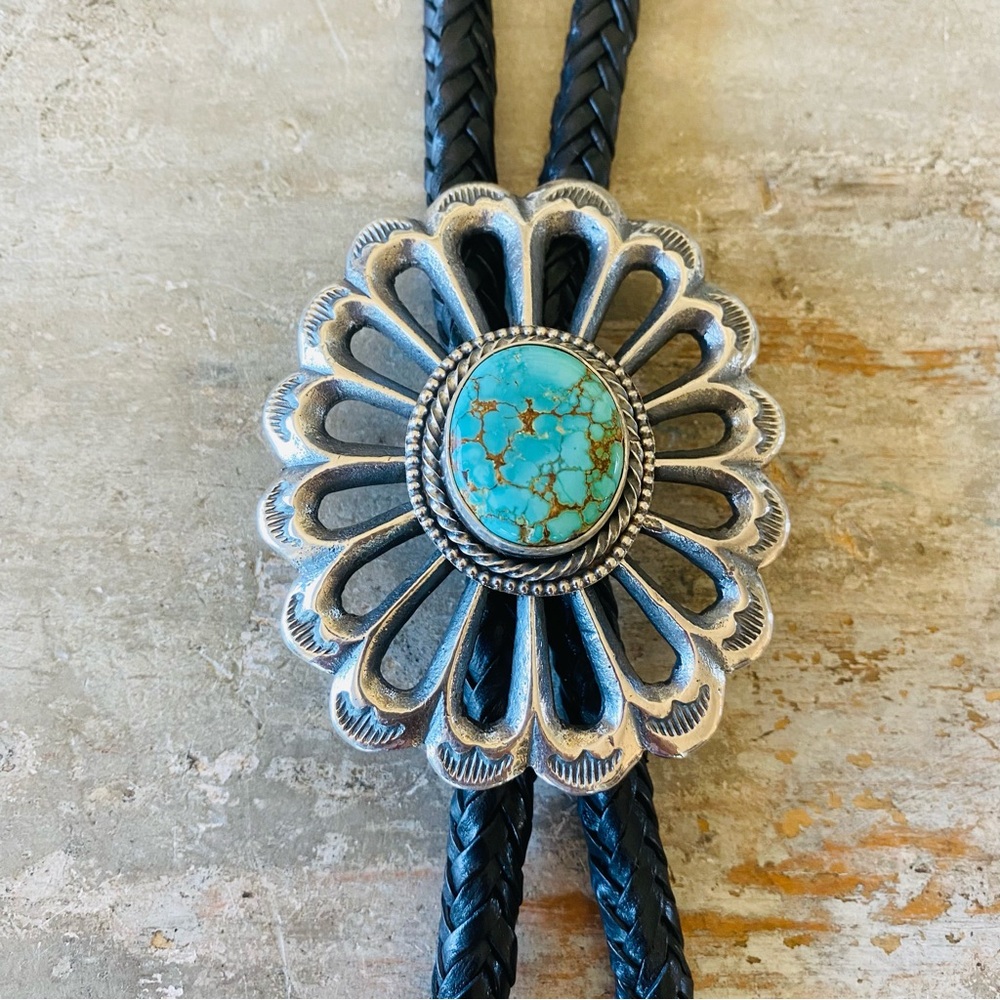 ♥️ Navajo ♥️ Dustin Francisco Sterling Silver & #8 Turquoise Sandcast Bolo